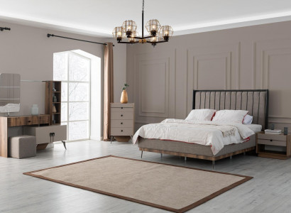 Gray bedroom set double bed 2x nightstands wood dressing table